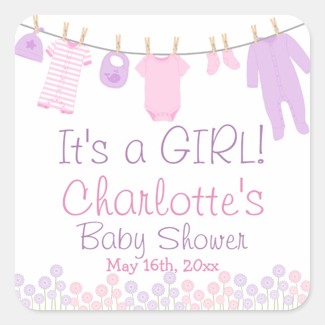 It's A GIRL! Lil Clothes Pink & Purple Baby Shower Square Sticker (Front)