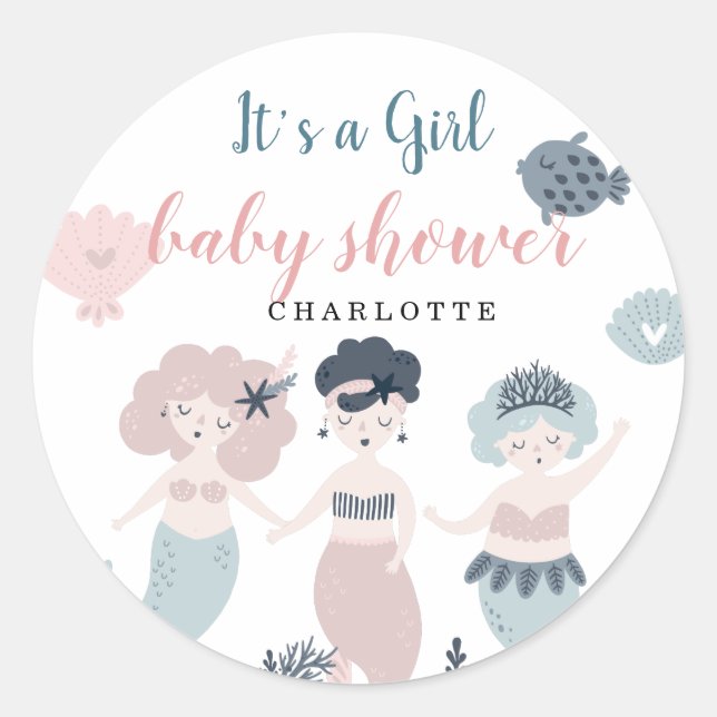 Its a Girl, Little mermaid, Baby shower Classic Ro Round Sticker (Front)