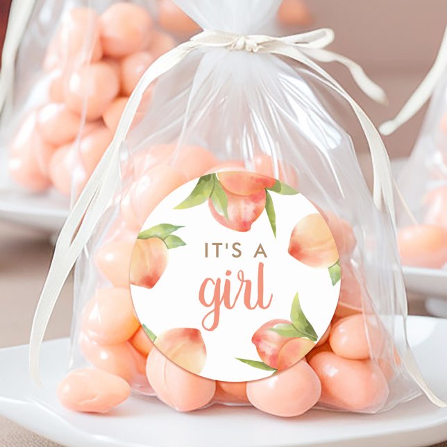 It's A Girl Little Peach Baby Shower Decorations  Classic Round Sticker (Creator Uploaded)