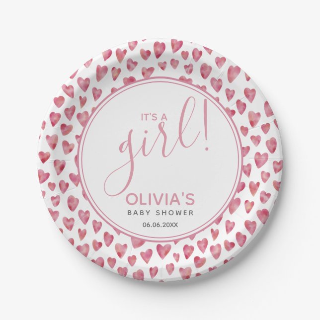 It's A Girl Love Heart Baby Shower Paper Plate (Front)