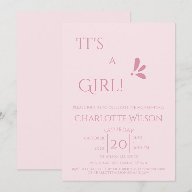 It's A Girl! Minimalism Pastel Pink Baby Shower Invitation (Front/Back)