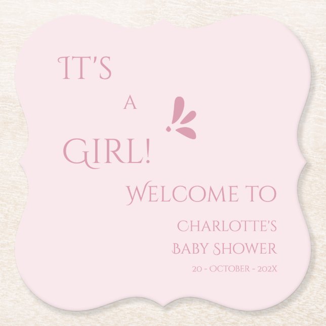 It's A Girl! Minimalism Pastel Pink Baby Shower Paper Coaster (Front)