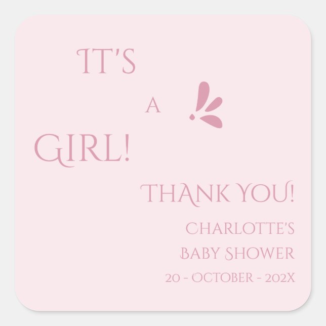 It's A Girl! Minimalism Pastel Pink Baby Shower Square Sticker (Front)