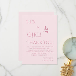 It's A Girl! Minimalism Pastel Pink Baby Shower Thank You Card