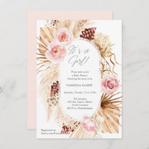 Its a girl modern boho floral arch with pampas invitation