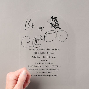 It's A Girl Modern Minimal Butterfly Baby Shower Acrylic Invitations