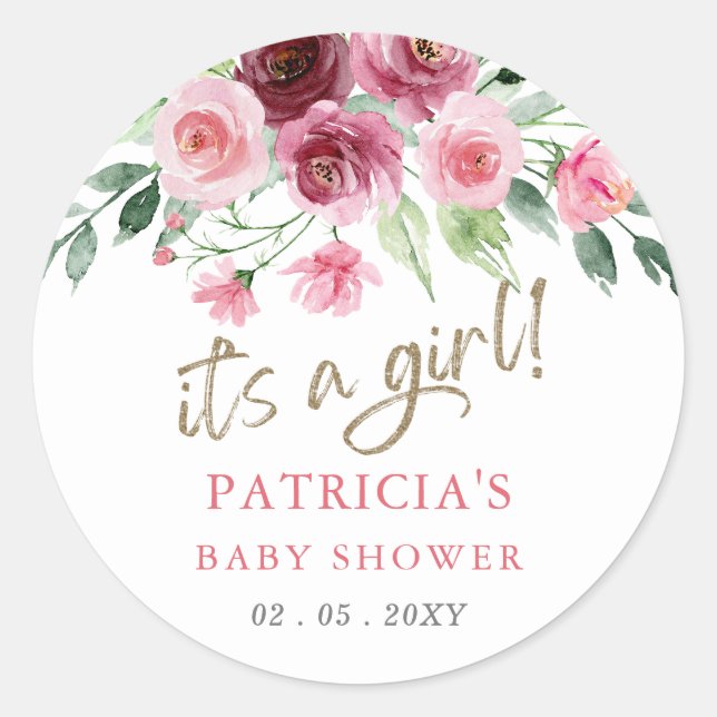 Its a girl Modern Pink Burgundy Floral Baby Shower Classic Round Sticker (Front)