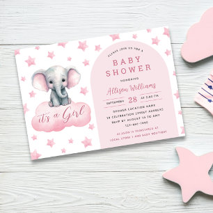 Its a Girl   Modern Pink Elephant Girl Baby Shower Invitation