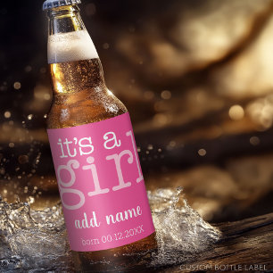 It's A Girl - Modern, Whimsical pink Beer Bottle Label