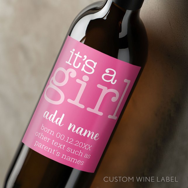 It's A Girl - Modern, Whimsical pink Wine Label (Custom Wine Bottle Label - Personalize a Sticker for a fun gift or memento)