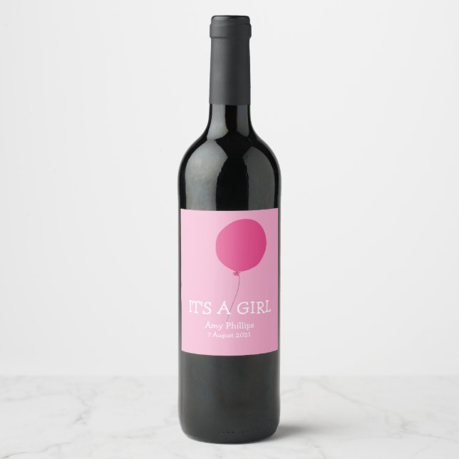 It's a Girl Modern Whimsical Pink Wine Label (Front)