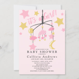 It's a Girl Moon Stars Crib Mobile Baby Shower Invitation