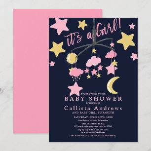 It's a Girl Moon Stars Crib Mobile Baby Shower Invitation