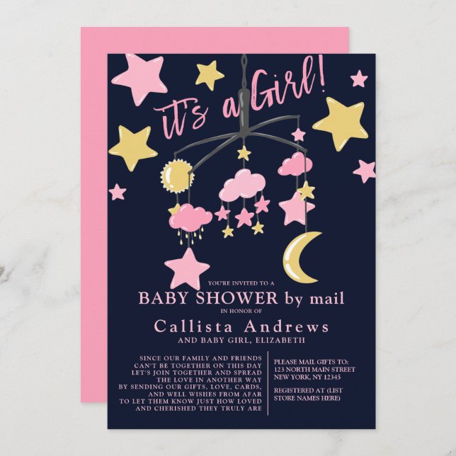 It's a Girl Moon Stars Mobile Baby Shower By Mail Invitation (Front/Back)