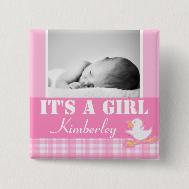 "It's a girl" newborn photo and name pink badge (Front)