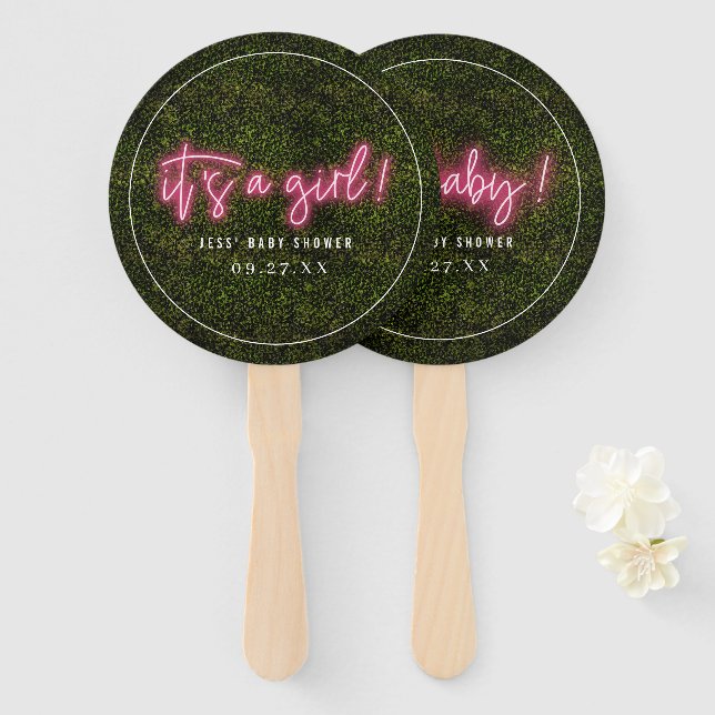 It's A Girl Oh Baby Pink Neon Baby Shower Hand Fan (Front and Back)