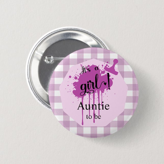 It's a Girl! Pastel Purple Gingham Auntie-to-be 6 Cm Round Badge (Front & Back)