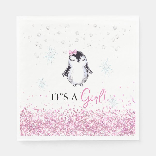 It's a Girl Penguin Winter Baby Shower Napkin (Front)