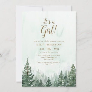 Its A Girl Pine Forest All In One QR Baby Shower Invitation