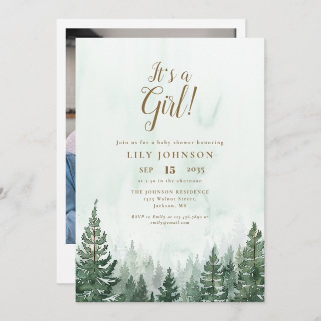 Its A Girl Pine Tree Forest Baby Shower Photo Invitation (Front/Back)