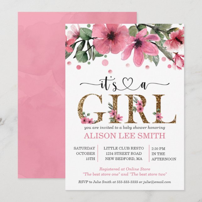 It's a girl Pink and gold watercolor baby shower (Front/Back)