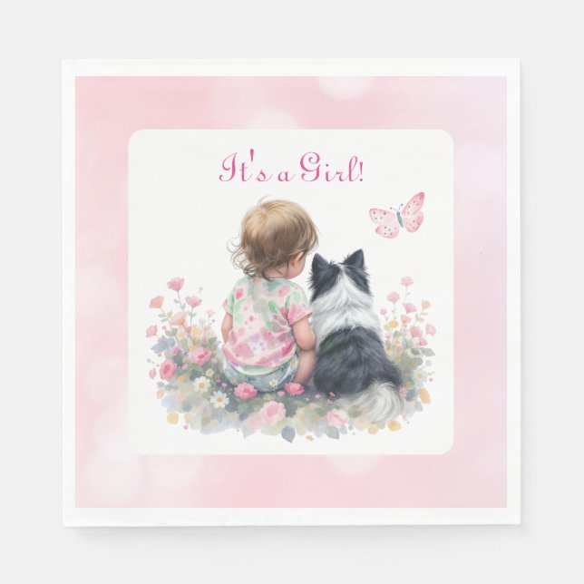It's a Girl | Pink Baby and Puppy Baby Shower Napkin (Front)
