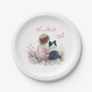 It's a Girl   Pink Baby and Puppy Baby Shower Paper Plate