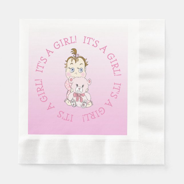 It's a Girl Pink Baby and Teddy Bear Baby Shower Napkin (Front)