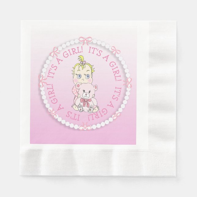 It's a Girl Pink Baby and Teddy Bear Baby Shower Napkin (Front)