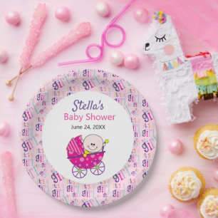 It's a Girl Pink Baby Carriage Baby Shower Paper P Plate