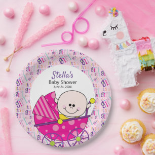 It's a Girl Pink Baby Carriage Baby Shower Paper Plate