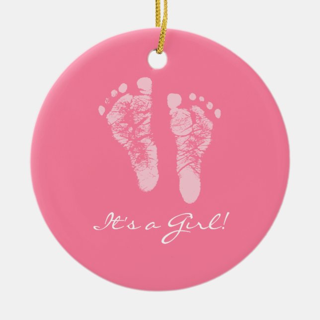 Its a Girl Pink Baby Footprints Birth Announcement Ceramic Tree Decoration (Front)