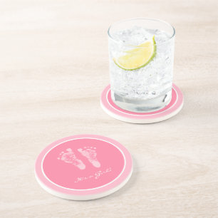 Its a Girl Pink Baby Footprints Birth Announcement Coaster
