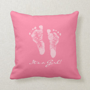 Its a Girl Pink Baby Footprints Birth Announcement Cushion