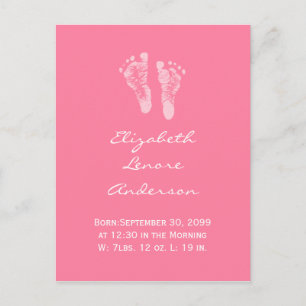 Its a Girl Pink Baby Footprints Birth Announcement Postcard