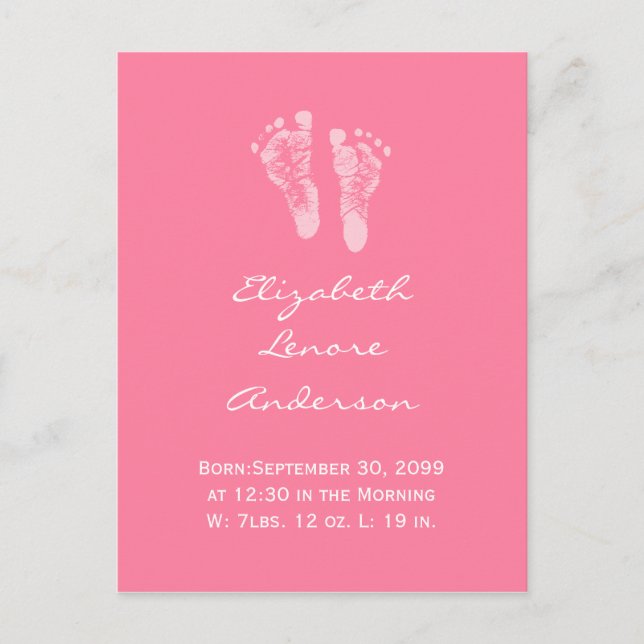 Its a Girl Pink Baby Footprints Birth Announcement Postcard (Front)