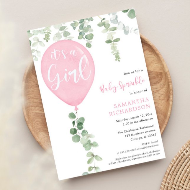 It's a girl pink baby sprinkle eucalyptus balloon invitation (Creator Uploaded)