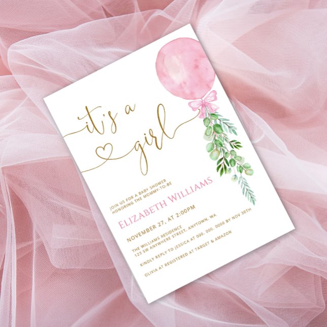 It's a Girl Pink Balloon Baby Shower Invitation (Creator Uploaded)