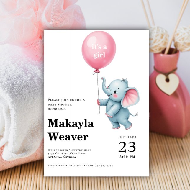 It's a girl pink balloon cute elephant baby shower invitation (Creator Uploaded)