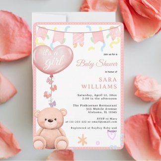 It's a Girl Pink balloon CutTeddy Bear baby shower Invitation