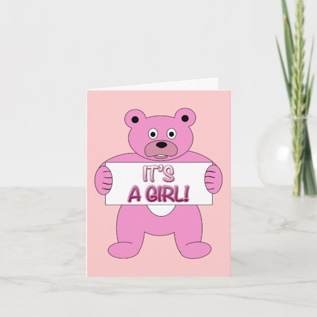It's A Girl Pink Bear Announcement (Front)