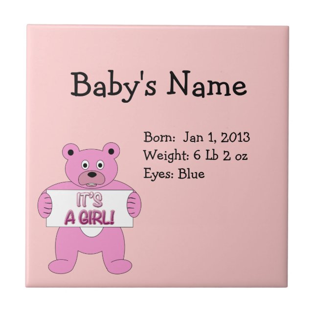 It's A Girl Pink Bear Tile (Front)