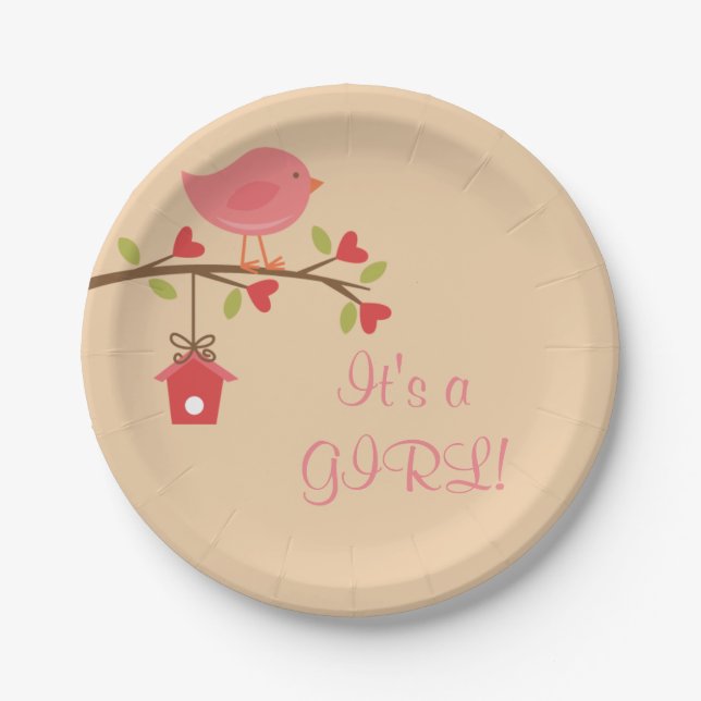 It's a GIRL! Pink Bird Baby Shower Paper Plates (Front)