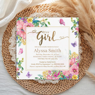 It's a Girl Pink Blue Yellow Floral Baby Shower Invitation