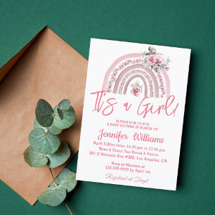 its a girl pink boho floral baby shower minimalist invitation