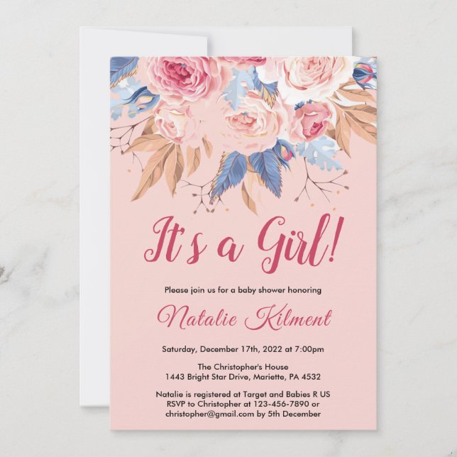 Its a Girl Pink Botanical Floral Girl Baby Shower Invitation (Front)