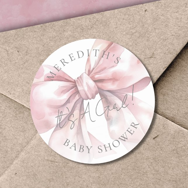 It's A Girl Pink Bow Baby Shower Classic Round Sticker (It's A Girl Pink Bow Baby Shower Classic Round Sticker)