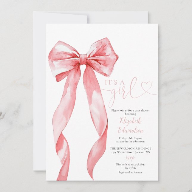 Its A Girl Pink Bow Baby Shower Photo QR Code Invitation (Front)