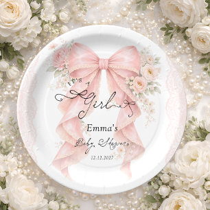 It's a Girl Pink Bow Coquette Ribbon Baby Shower Paper Plate