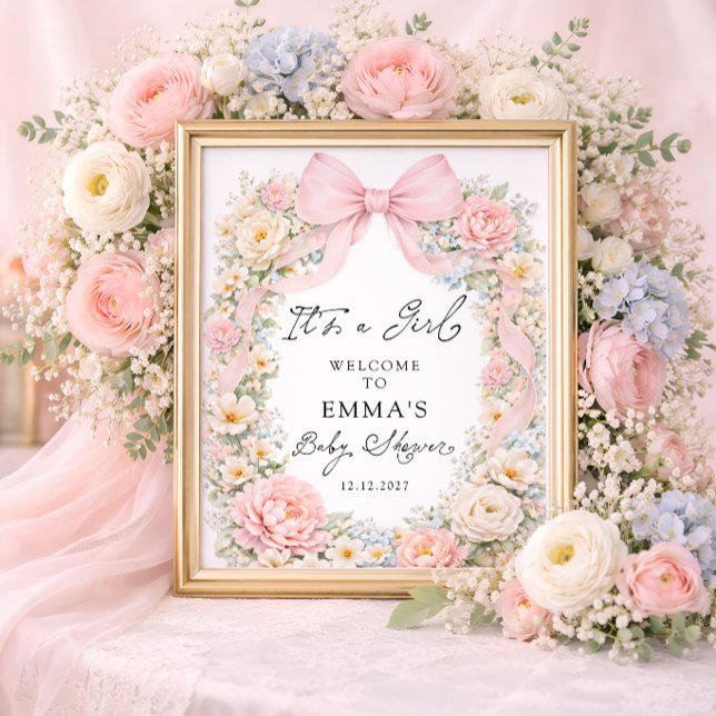 It's a Girl Pink Bow Garden Baby Shower Welcome Poster (Creator Uploaded)